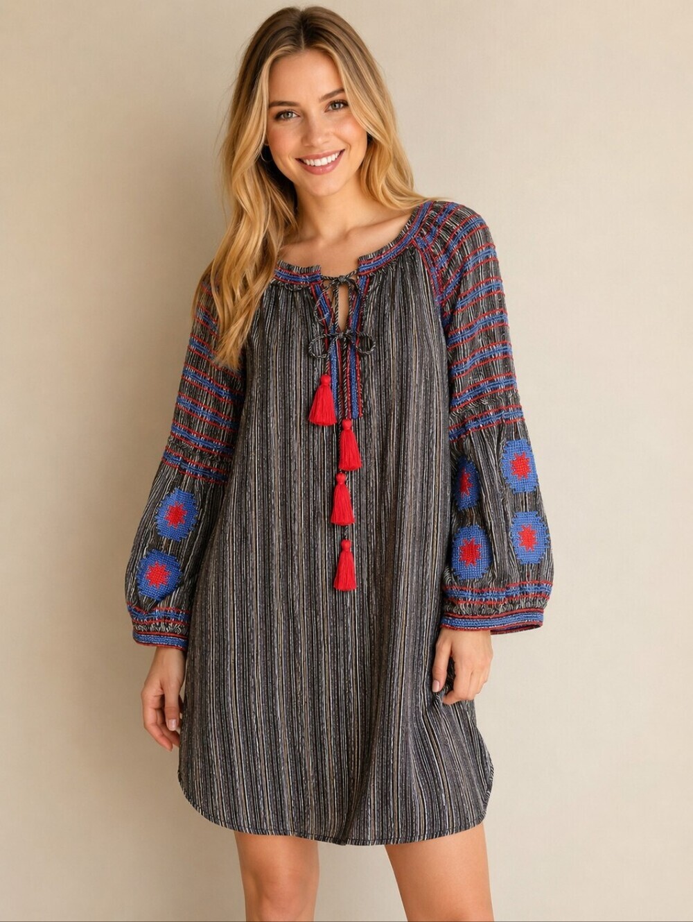 ❤️ IVY JANE EMBROIDERED BOHO SHIFT PEASANT DRESS, SMALL